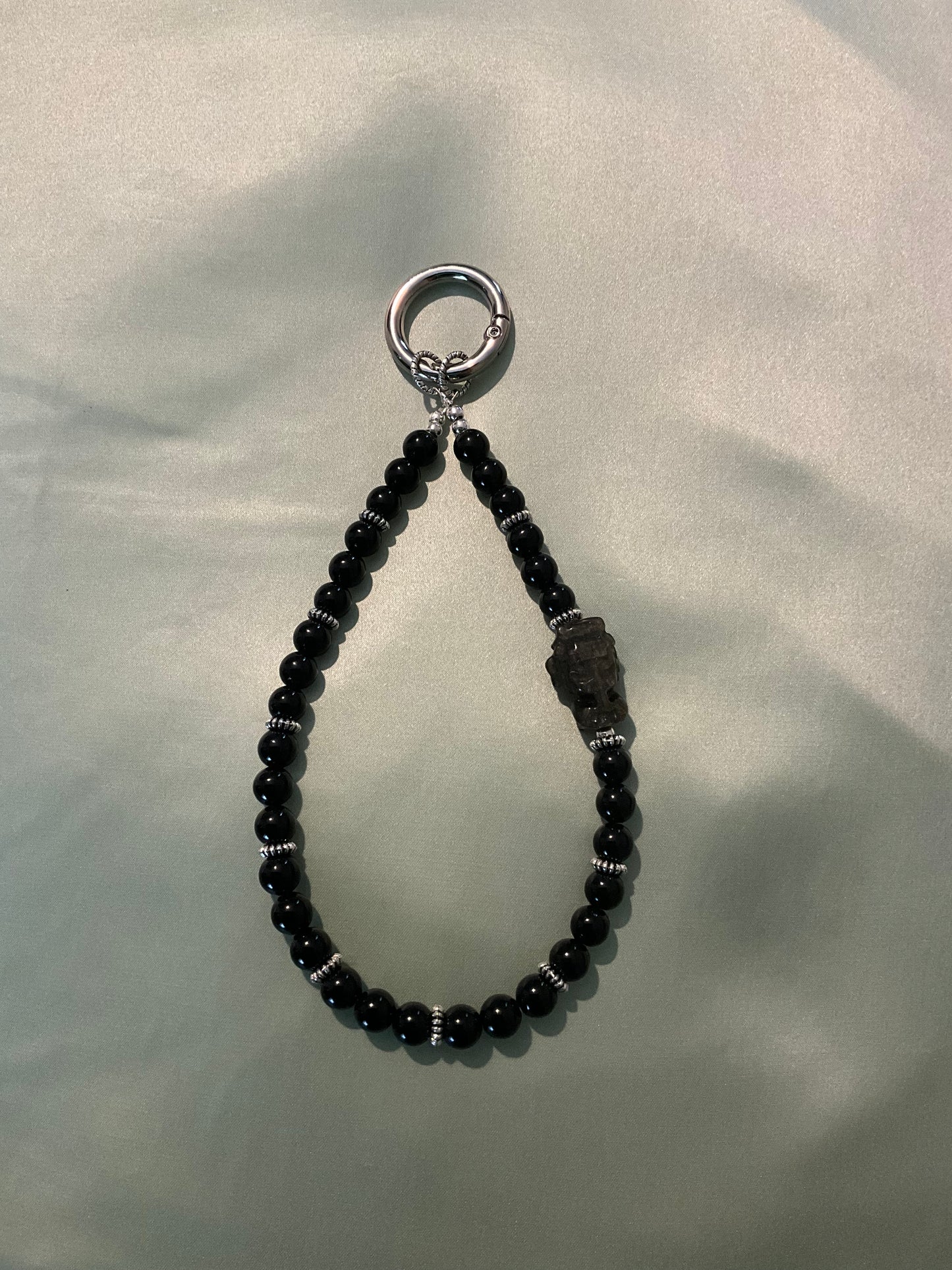 Crystal phone charm - Black Obsidian Crystal beads with Gold Sheen obsidian Buddha charm and silver coloured hardware.