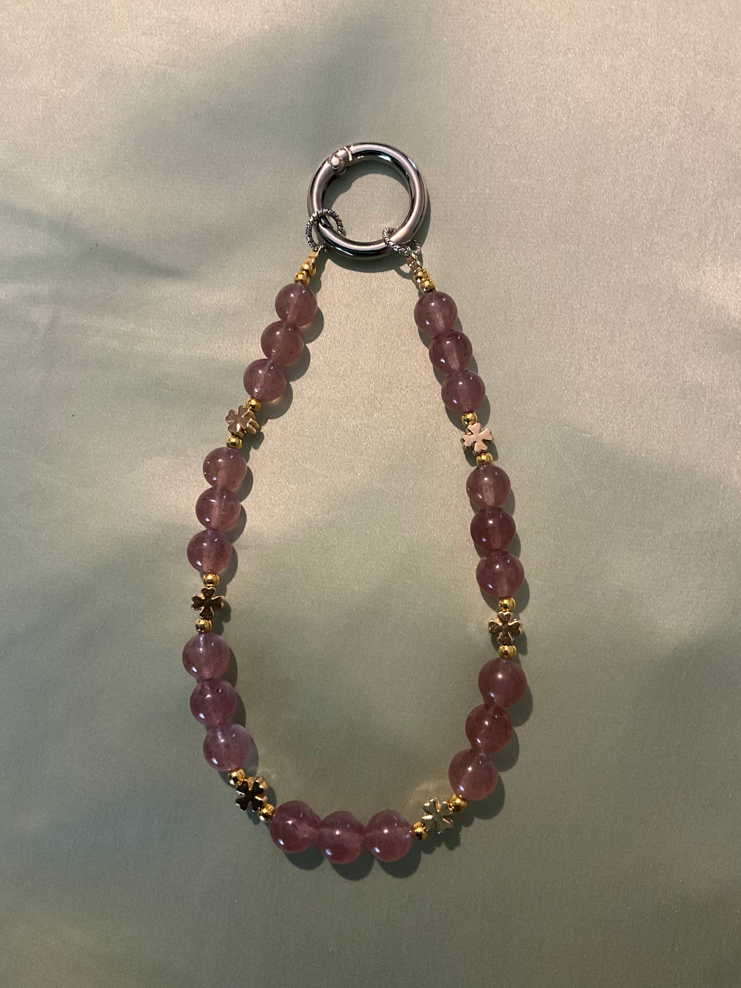 Crystal Phone Charm - Strawberry Quartz crystal beads with Gold coloured hardware and silver coloured attachment point