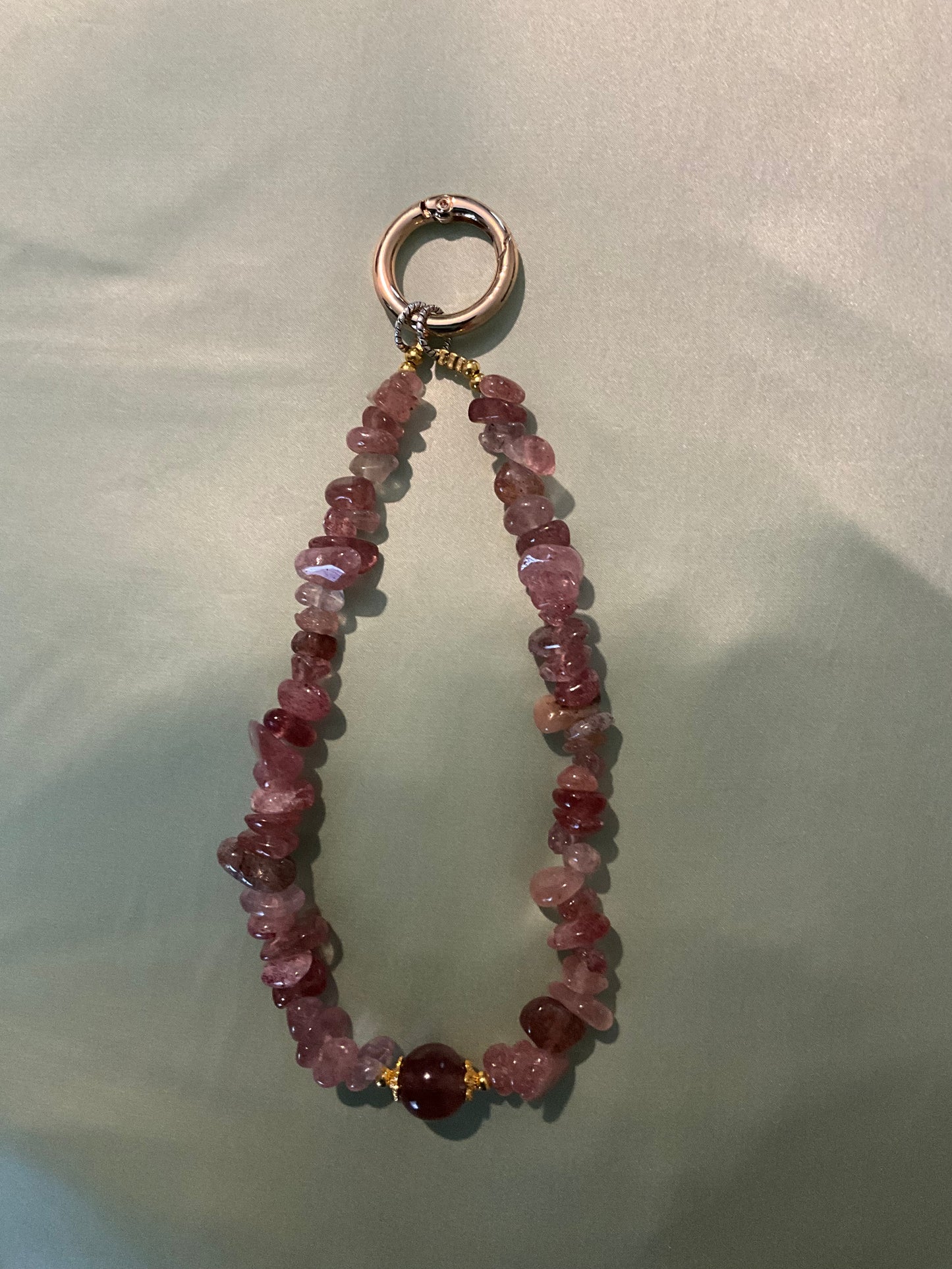 Crystal Phone Charm - Strawberry Quartz crystal chips with Gold coloured hardware