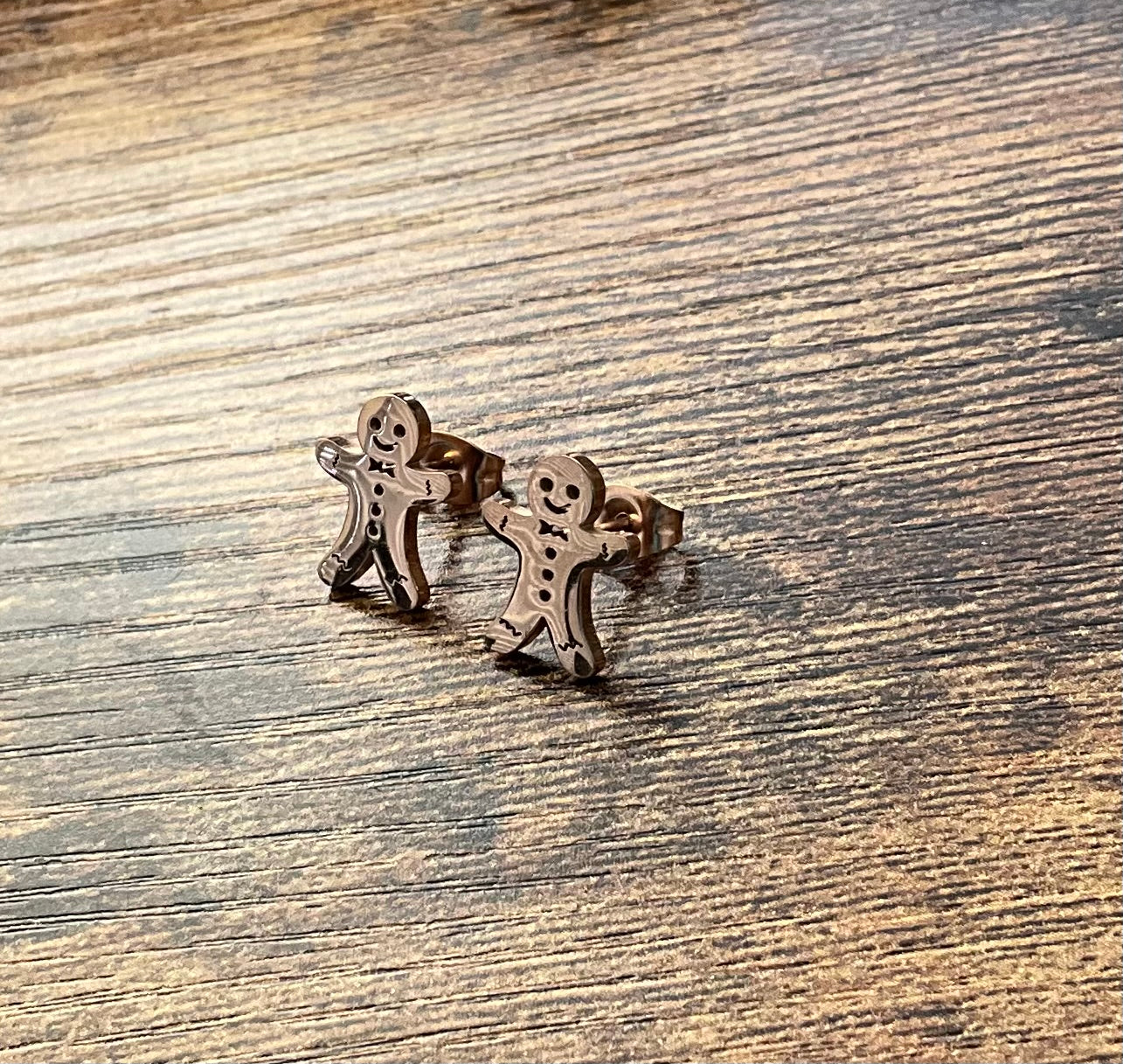 Christmas Gingerbread Man Stud Earrings - Stainless Steel Rose Gold