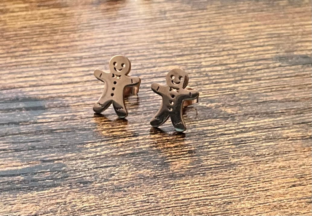 Christmas Gingerbread Man Stud Earrings - Stainless Steel Rose Gold
