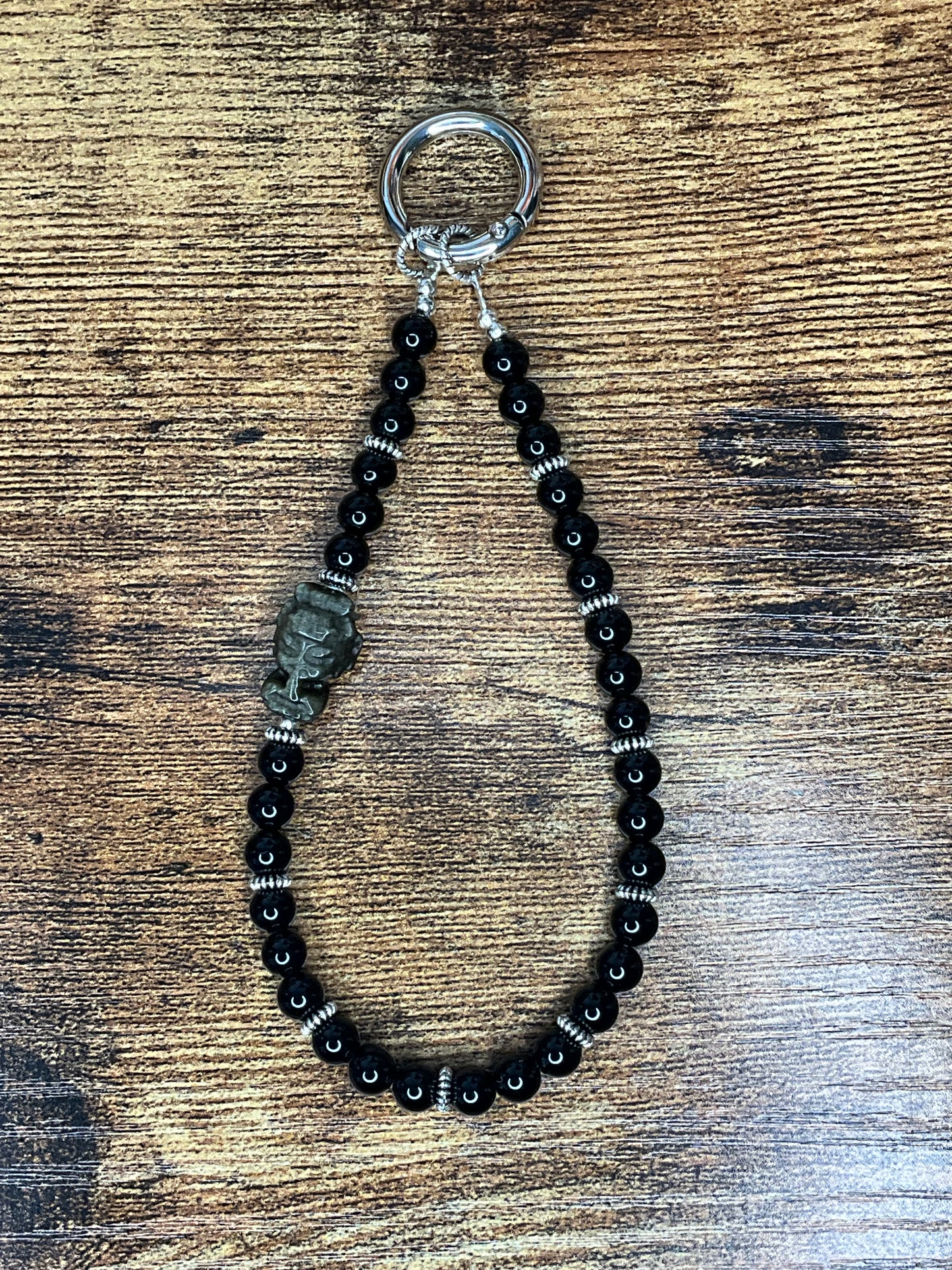 Crystal phone charm - Black Obsidian Crystal beads with Gold Sheen obsidian Buddha charm and silver coloured hardware.