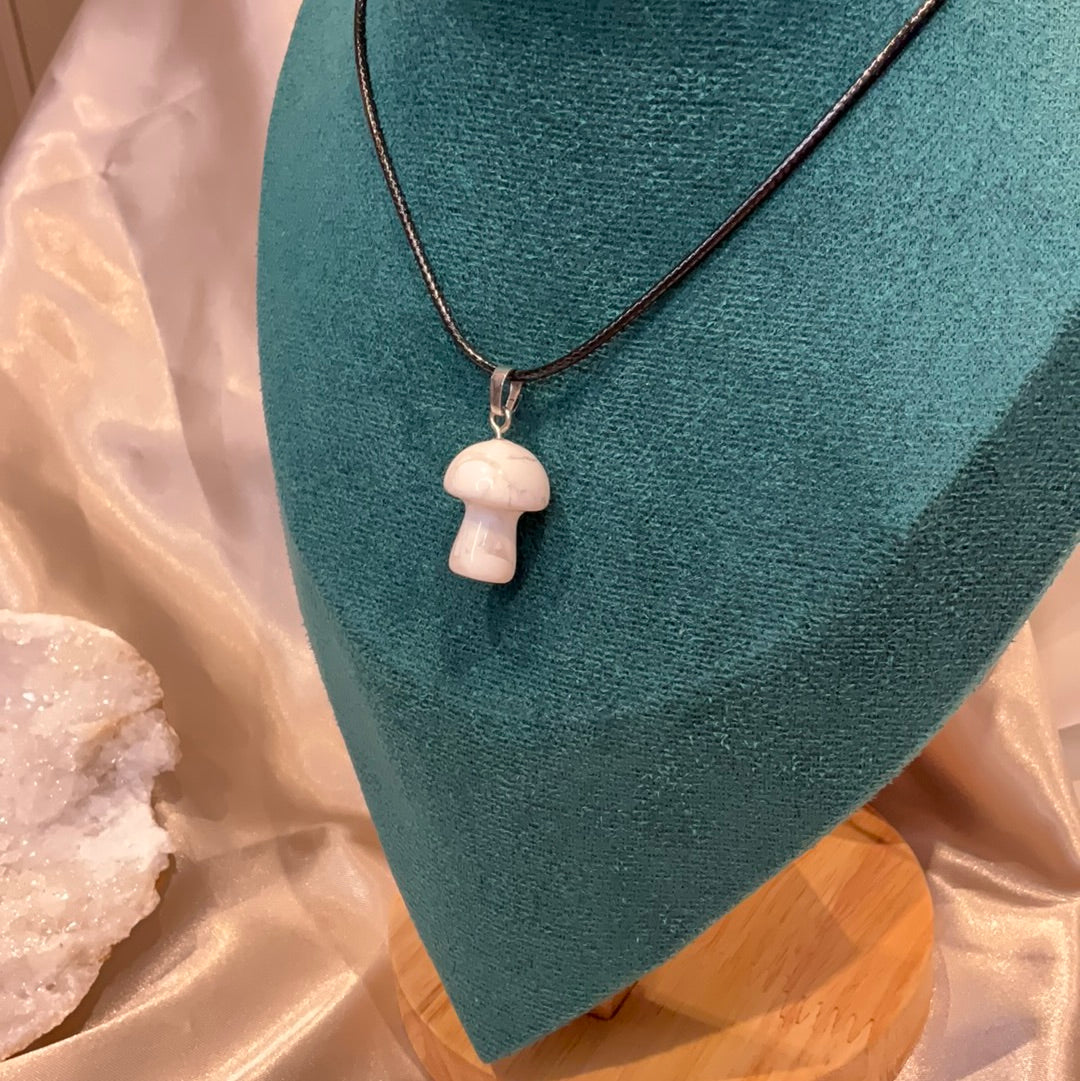 Howlite crystal mushroom pendant on black cord