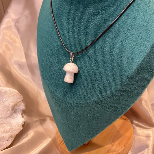 Howlite crystal mushroom pendant on black cord