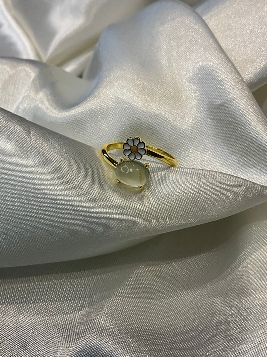 Fluorite and daisy open adjustable gold plated ring