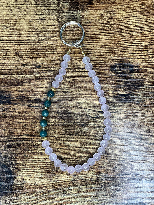 Crystal phone charm - Rose Quartz Crystal beads with green strawberry quartz beads and gold coloured hardware.