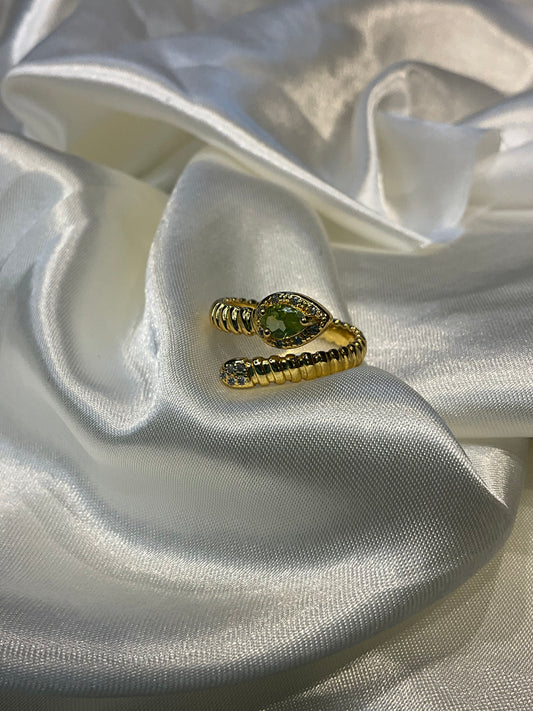 Peridot snake style gold plated open ring adjustable