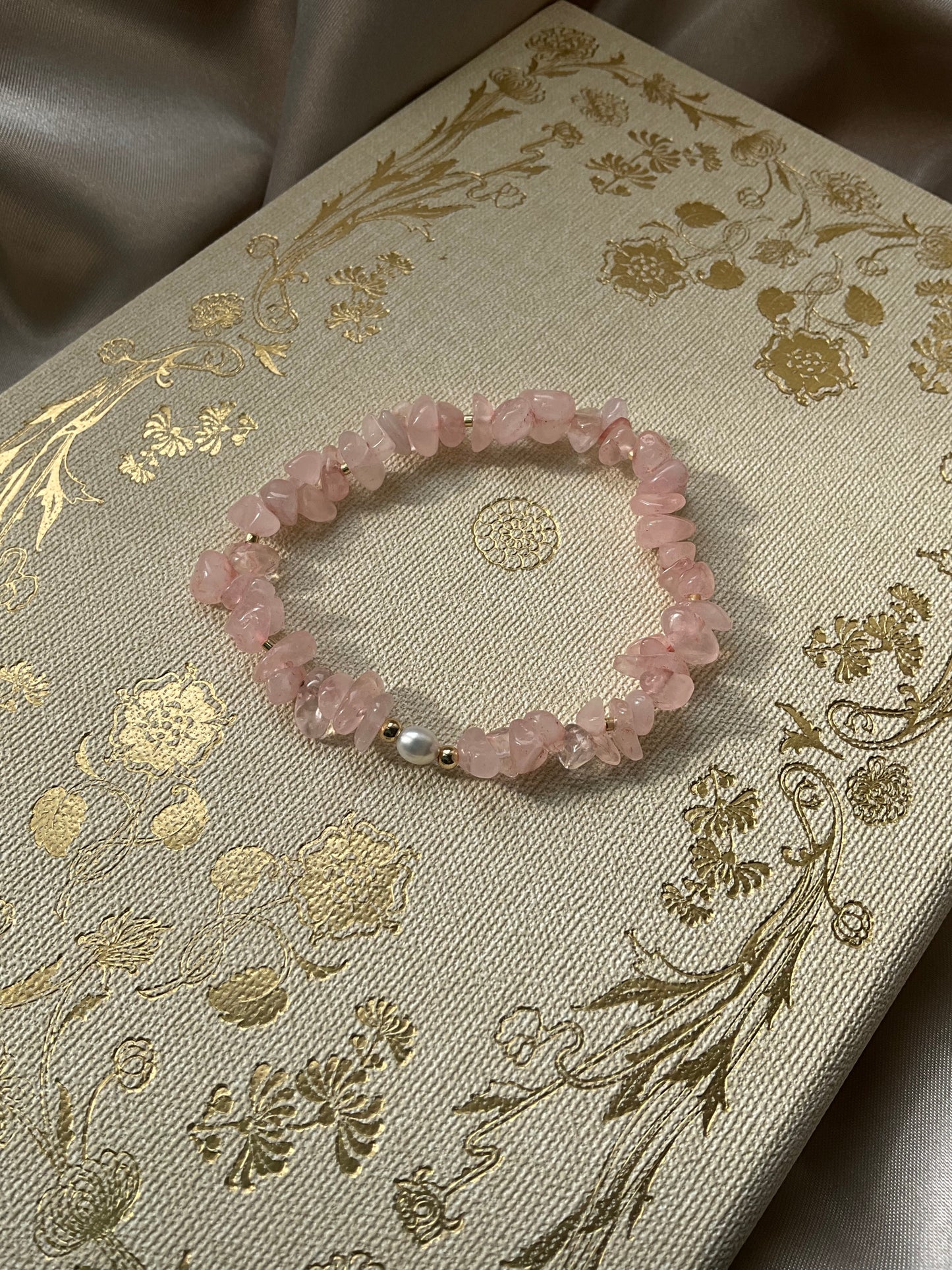 Rose Quartz Crystal Chip Bracelet with a Fresh Water Pearl, Gold Filled Beads and Gold Seed Beads