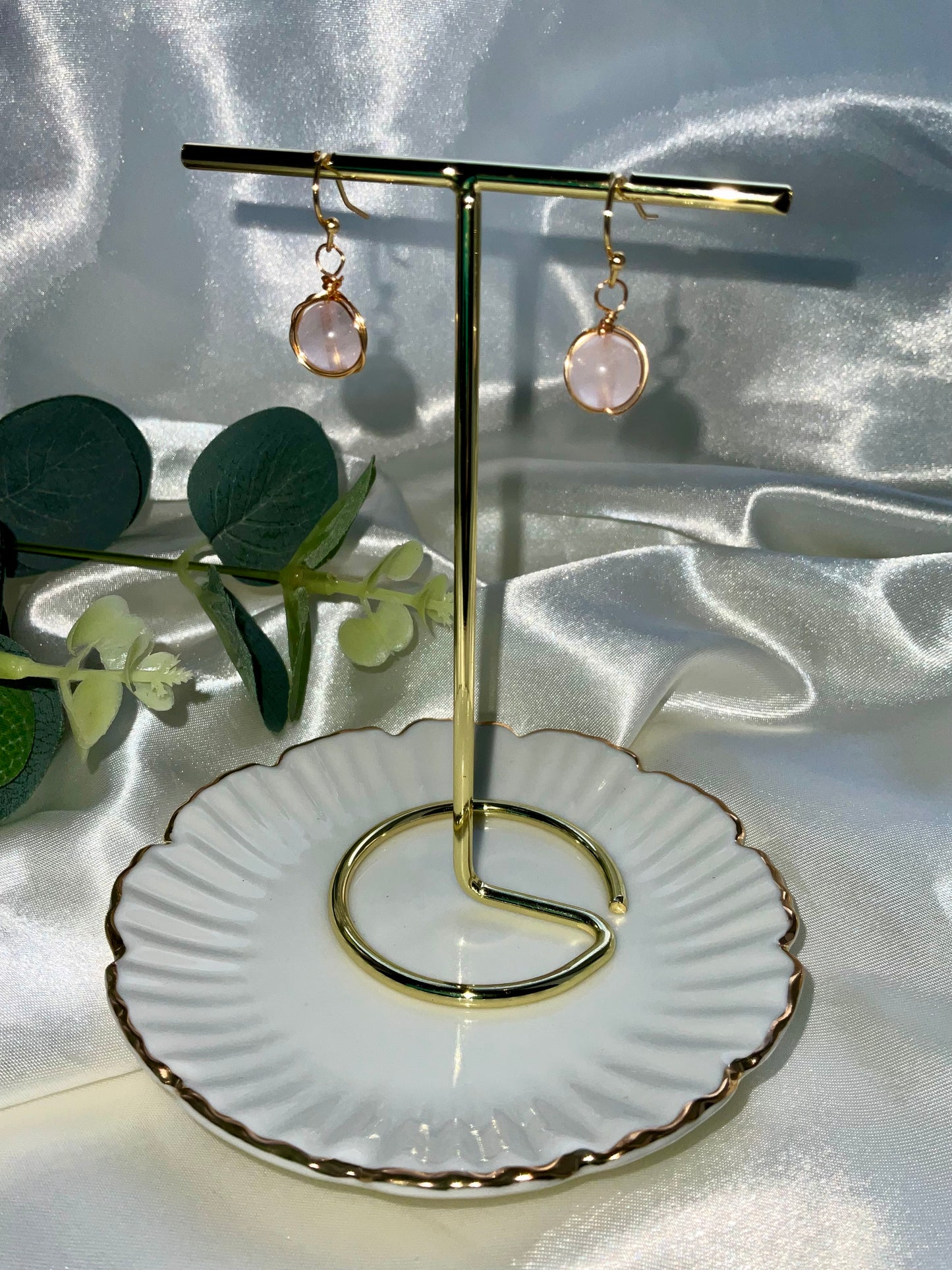 Rose Quartz sphere earrings wrapped in gold plating. Earring hooks are 925 sterling silver plated.