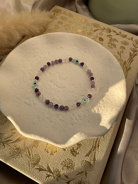 Amethyst, Lepidolite and Clear Quartz Faceted Crystal stretch bracelet with 925 Sterling Silver beads and Evil Eye beads