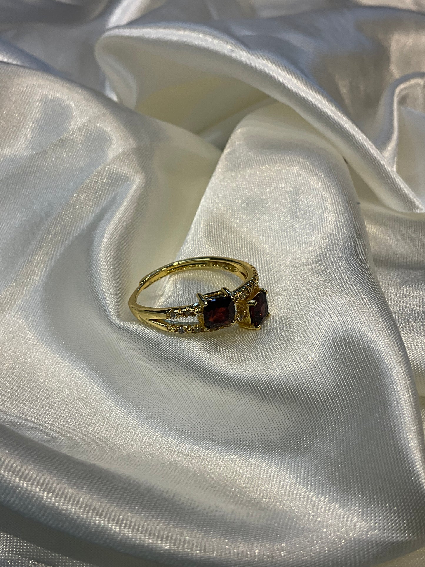 Garnet double crystal adjustable gold plated ring