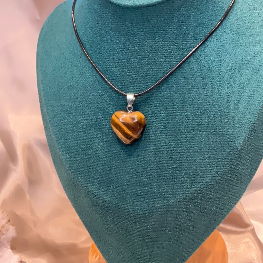 Tiger Eye Heart crystal pendant on black cord