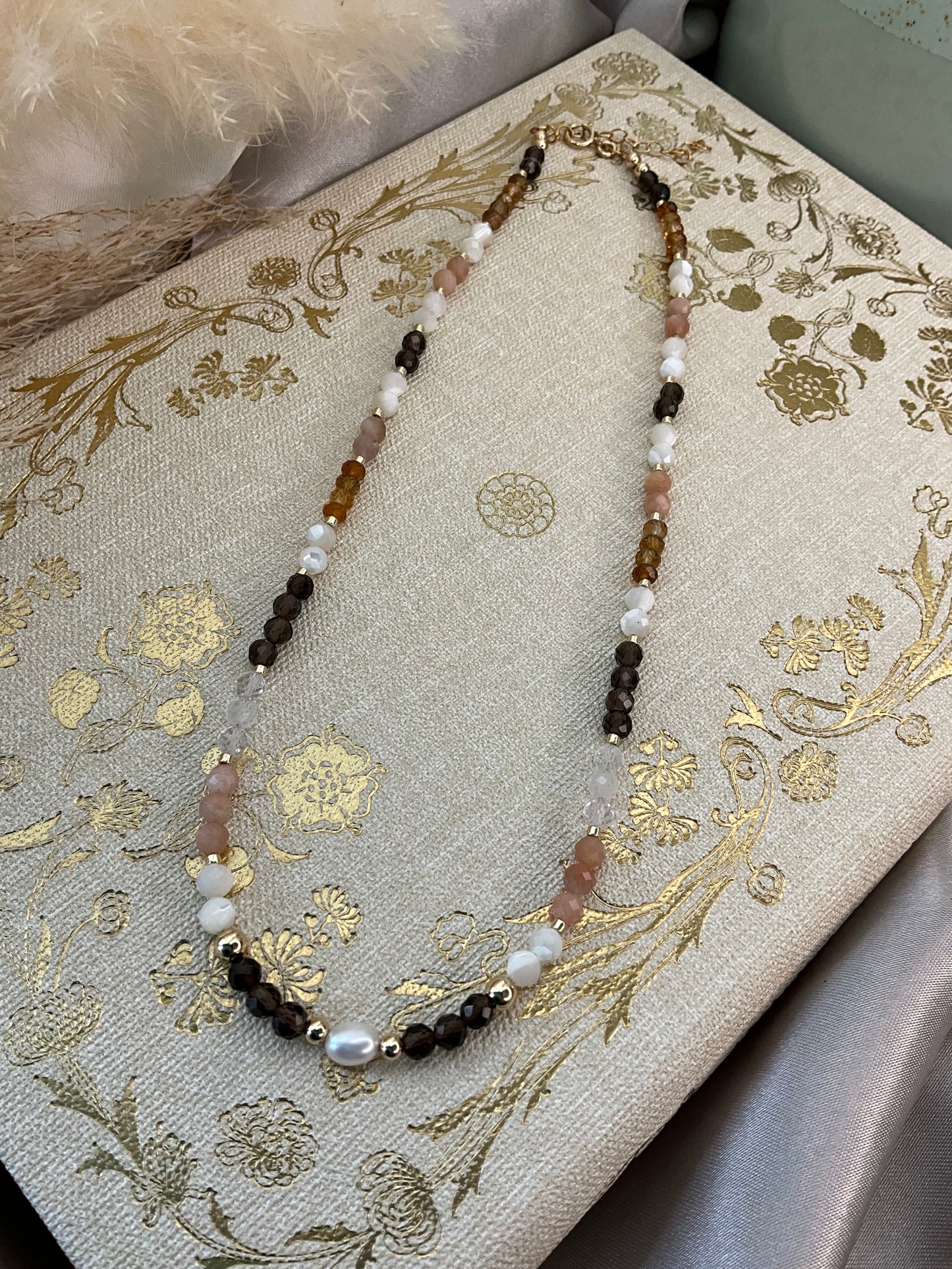 Classic Neutrals Crystal Necklace with gold filled beads and clasp