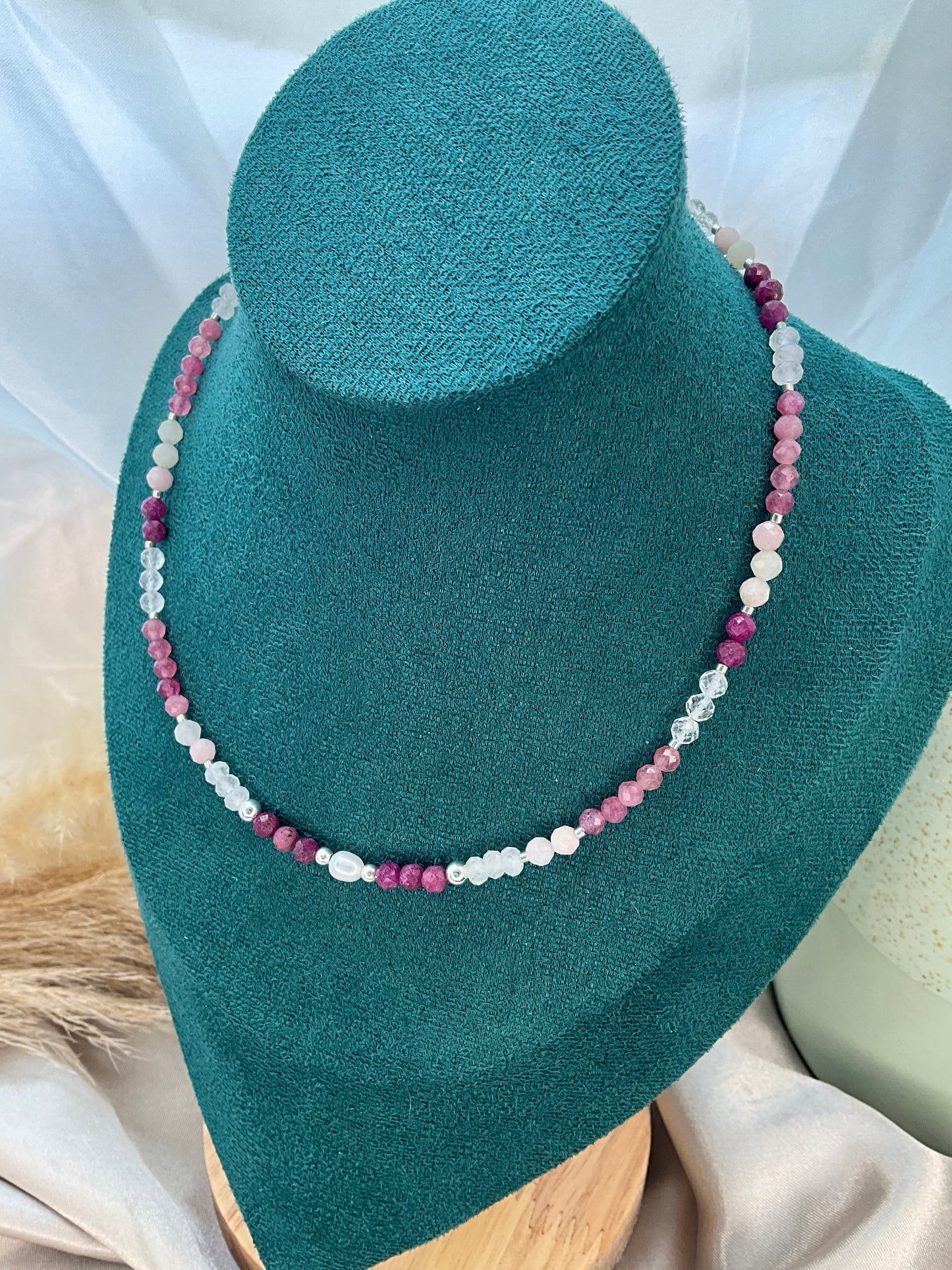 Pink Crystal Necklace with s925 sterling silver beads and clasp.