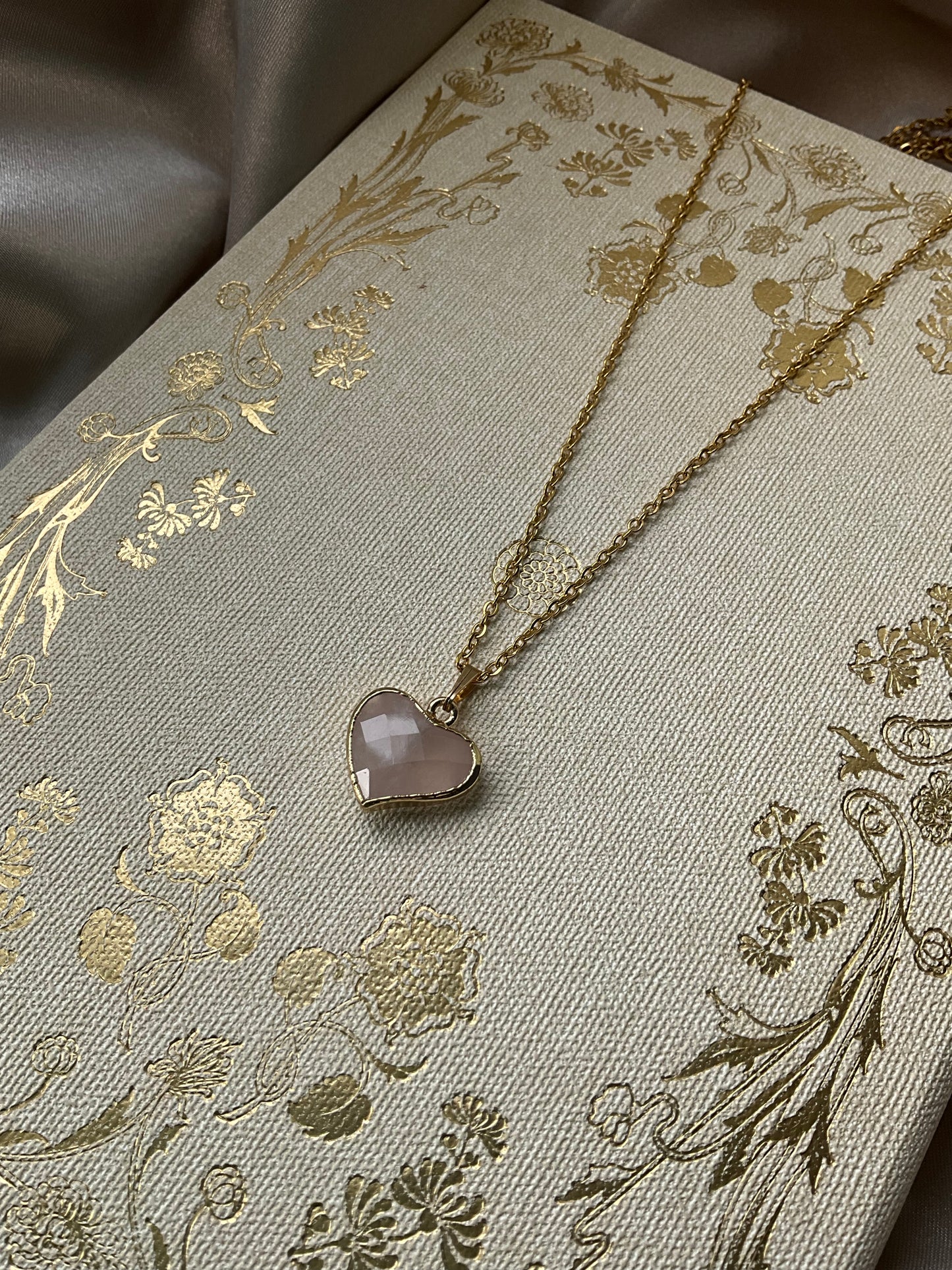 Rose Quartz Heart on Gold Stainless Steel Chain