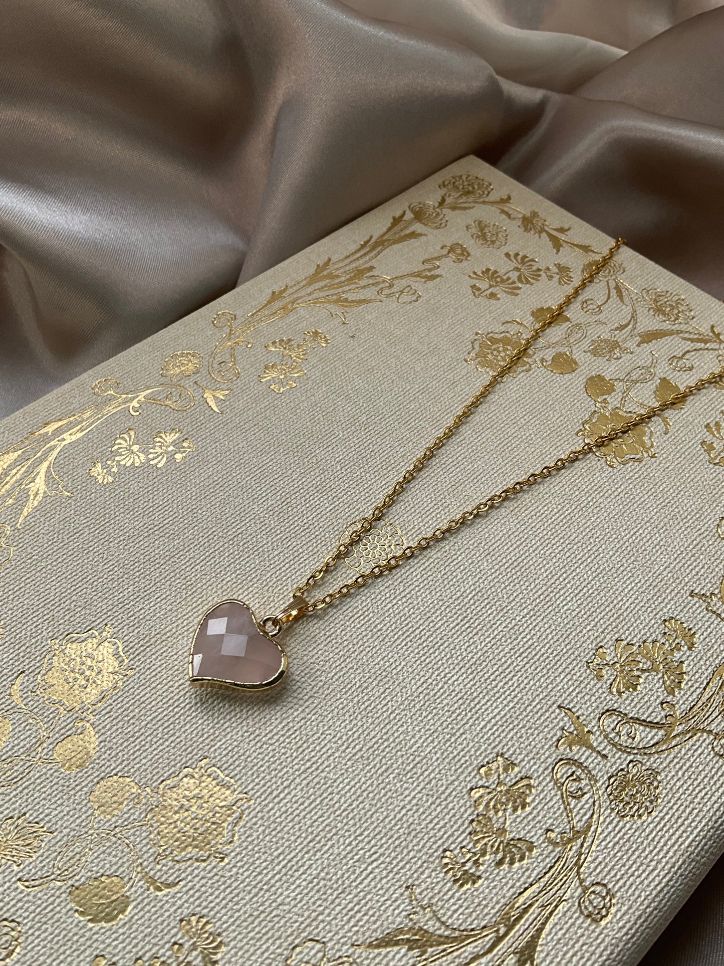 Rose Quartz Heart on Gold Stainless Steel Chain