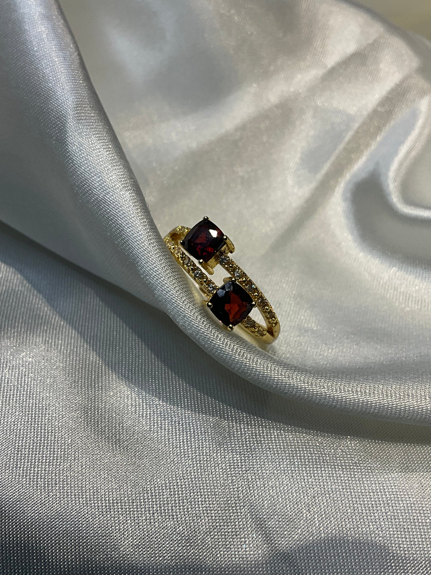 Garnet double crystal adjustable gold plated ring