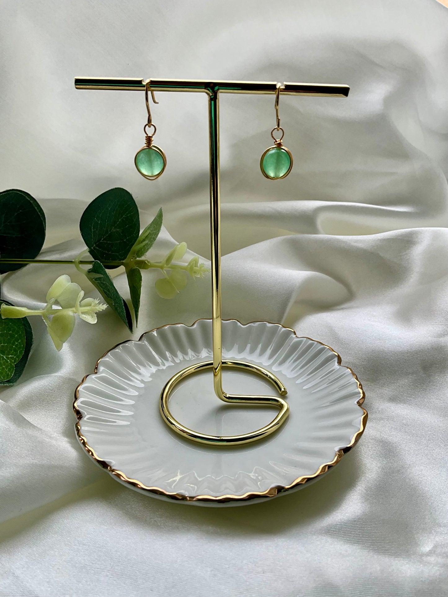 Aventurine sphere earrings wrapped in gold plating. Earring hooks are 925 sterling silver plated.