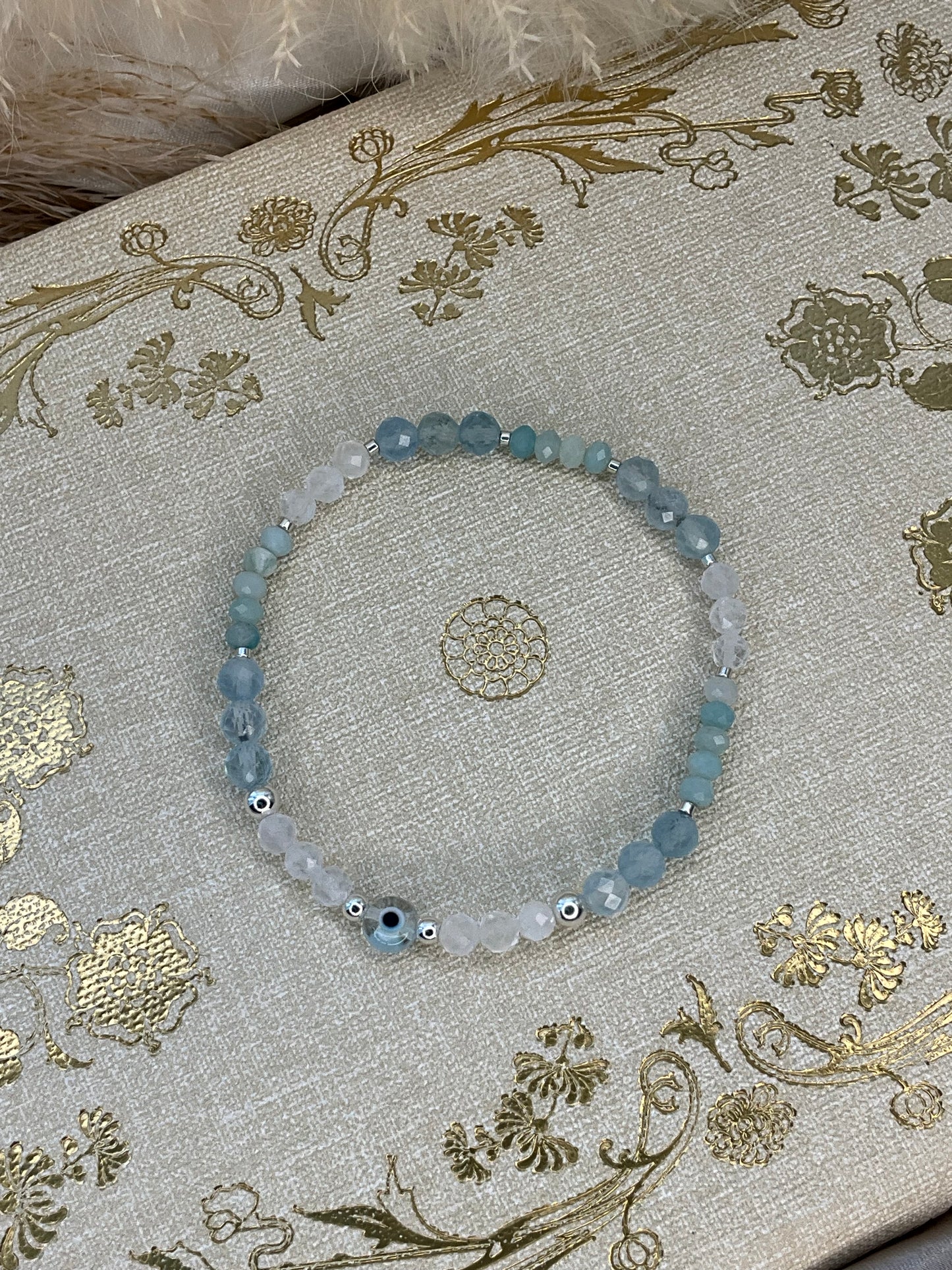 Aqua Marine and Clear Quartz stretch Bracelet with s925 Sterling Silver beads