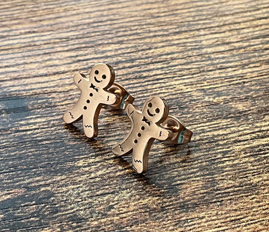 Christmas Gingerbread Man Stud Earrings - Stainless Steel Rose Gold