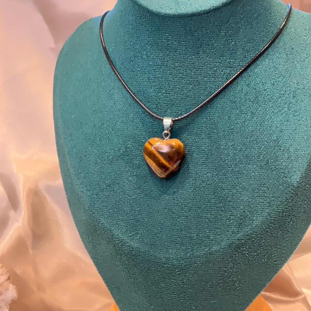 Tiger Eye Heart crystal pendant on black cord