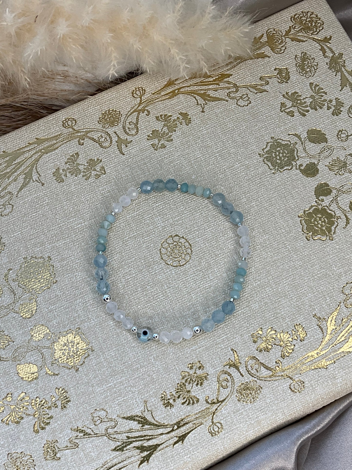 Aqua Marine and Clear Quartz stretch Bracelet with s925 Sterling Silver beads