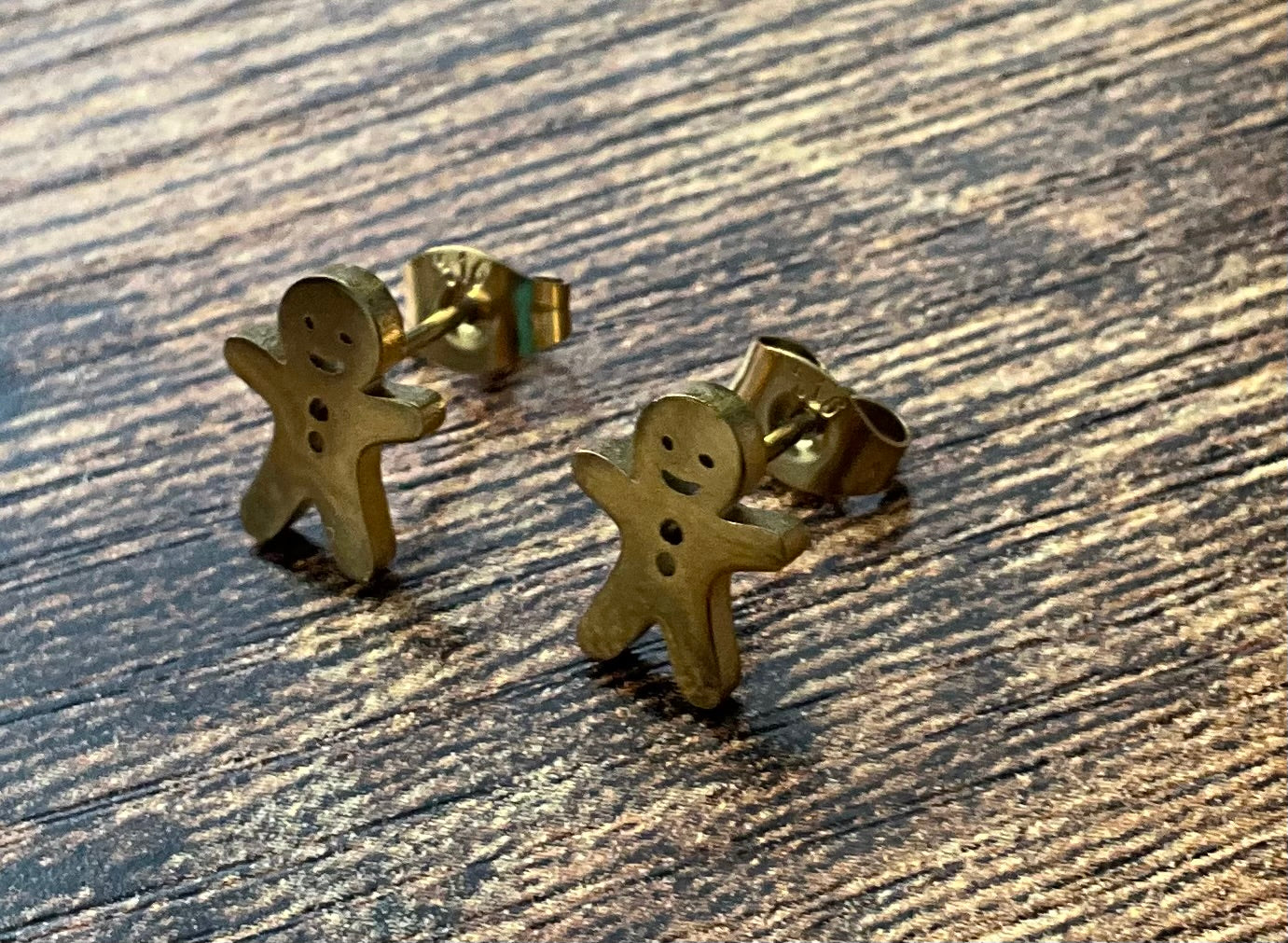 Christmas Gingerbread Man Stud Earrings - Stainless Steel Gold