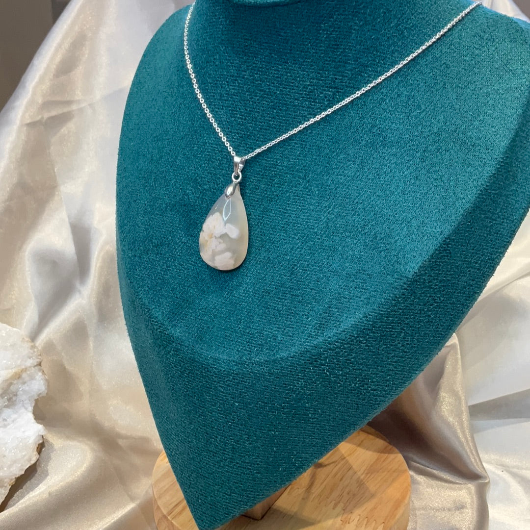 Flower Agate teardrop Pendant on silver plated chain