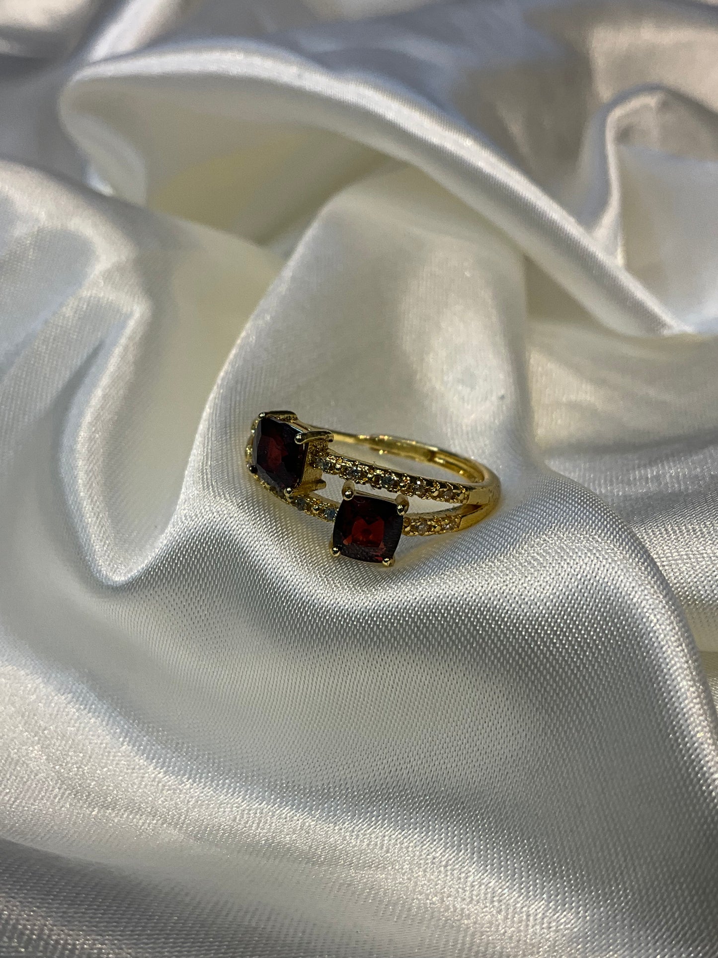 Garnet double crystal adjustable gold plated ring