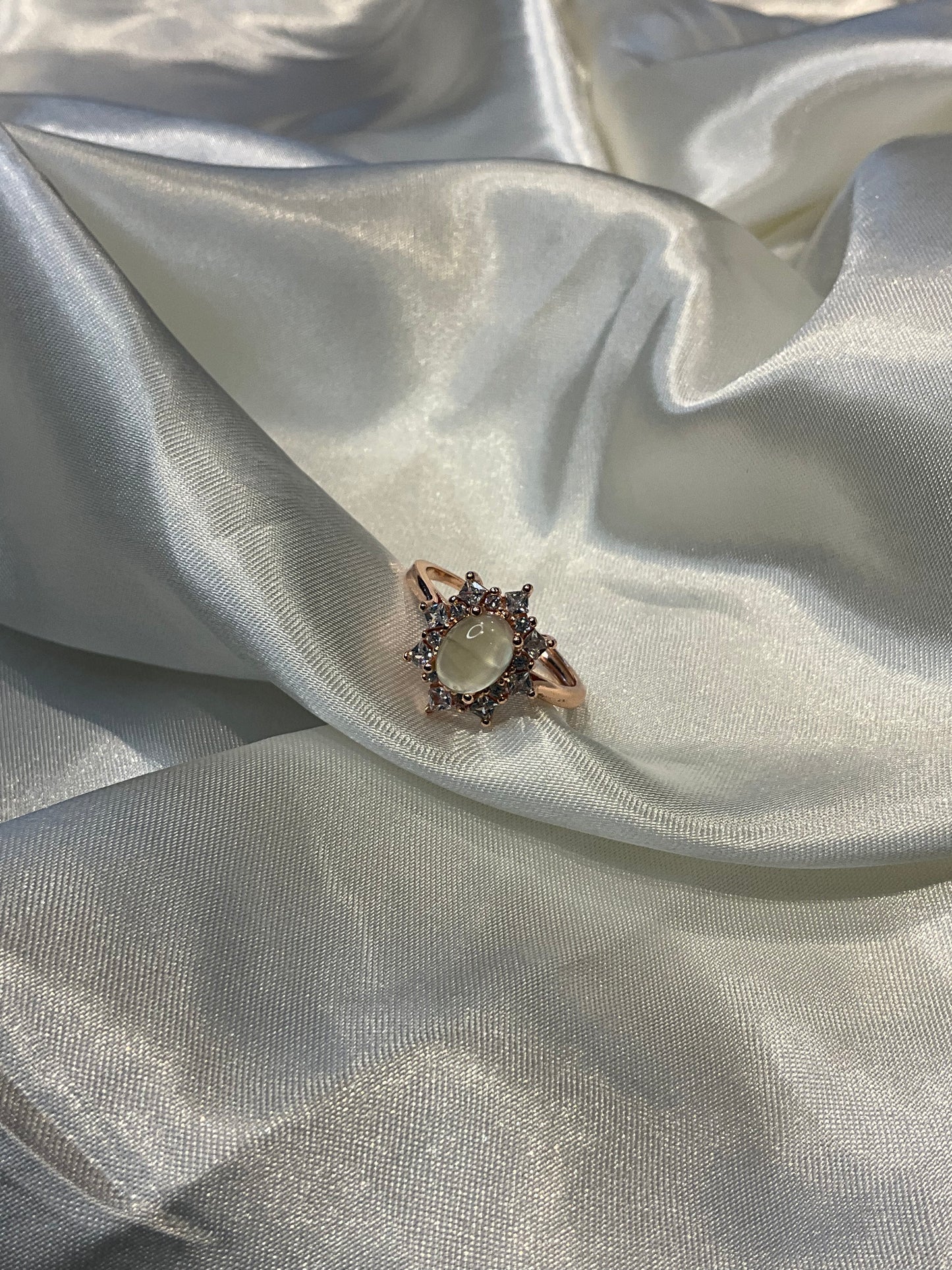 Tourmaline flower ring on rose gold plated adjustable ring