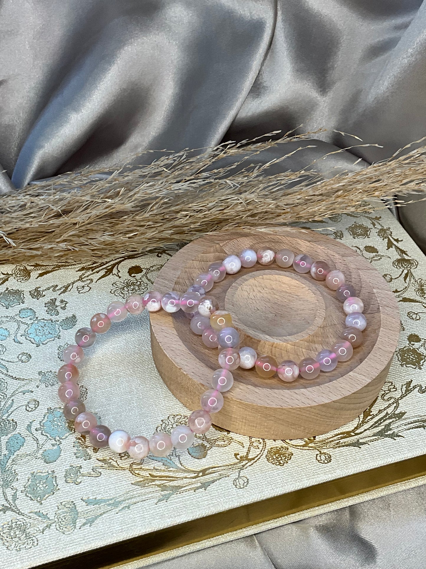 Pink Flower Agate Crystal Bracelet