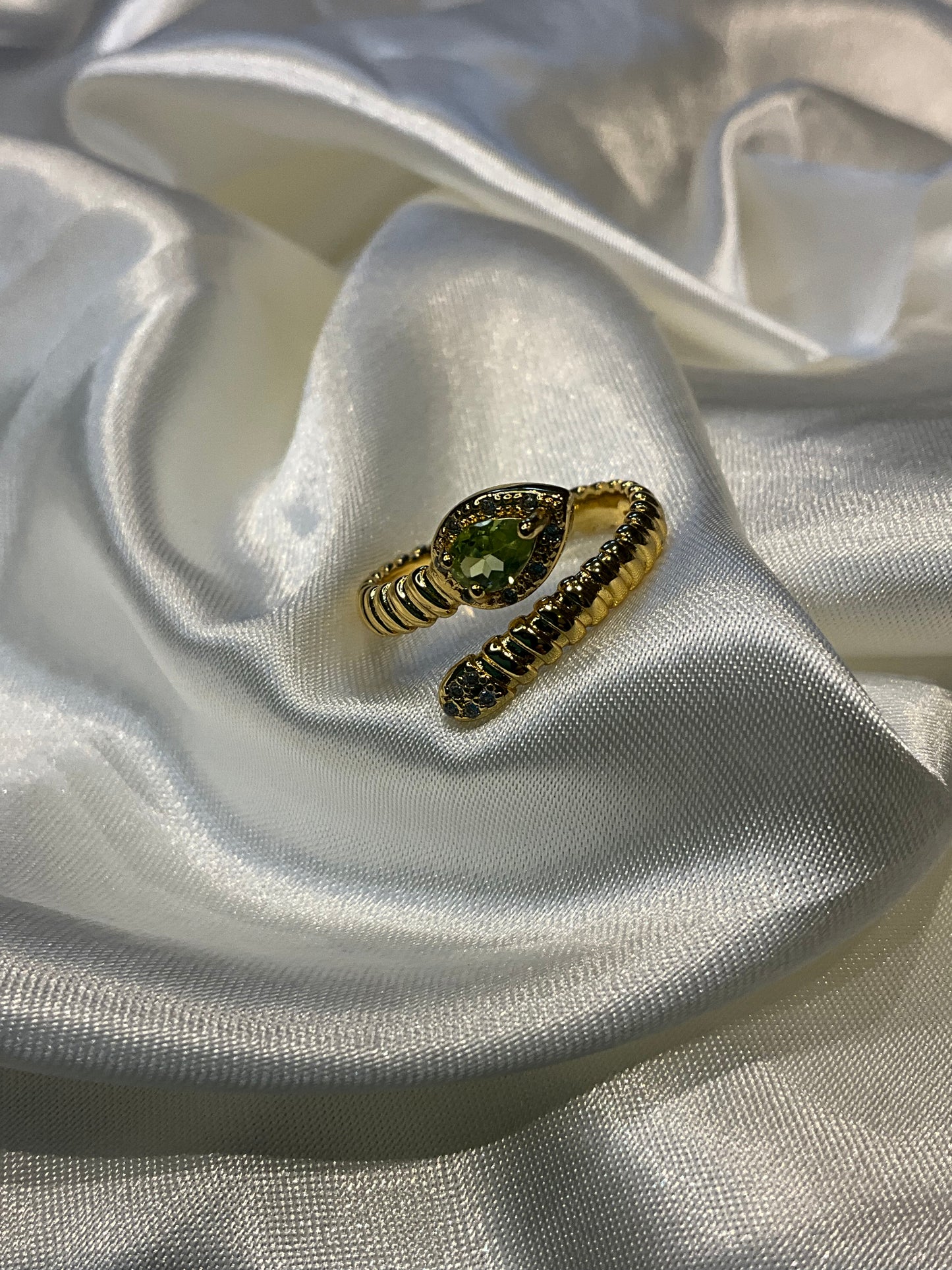 Peridot snake style gold plated open ring adjustable