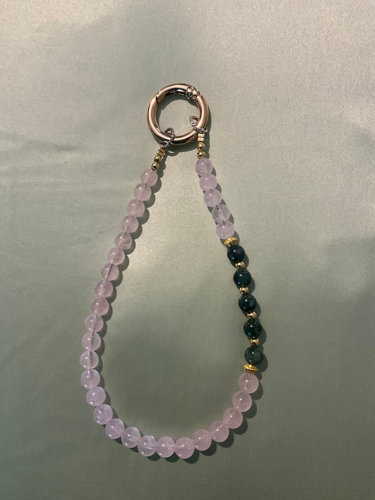 Crystal phone charm - Rose Quartz Crystal beads with green strawberry quartz beads and gold coloured hardware.