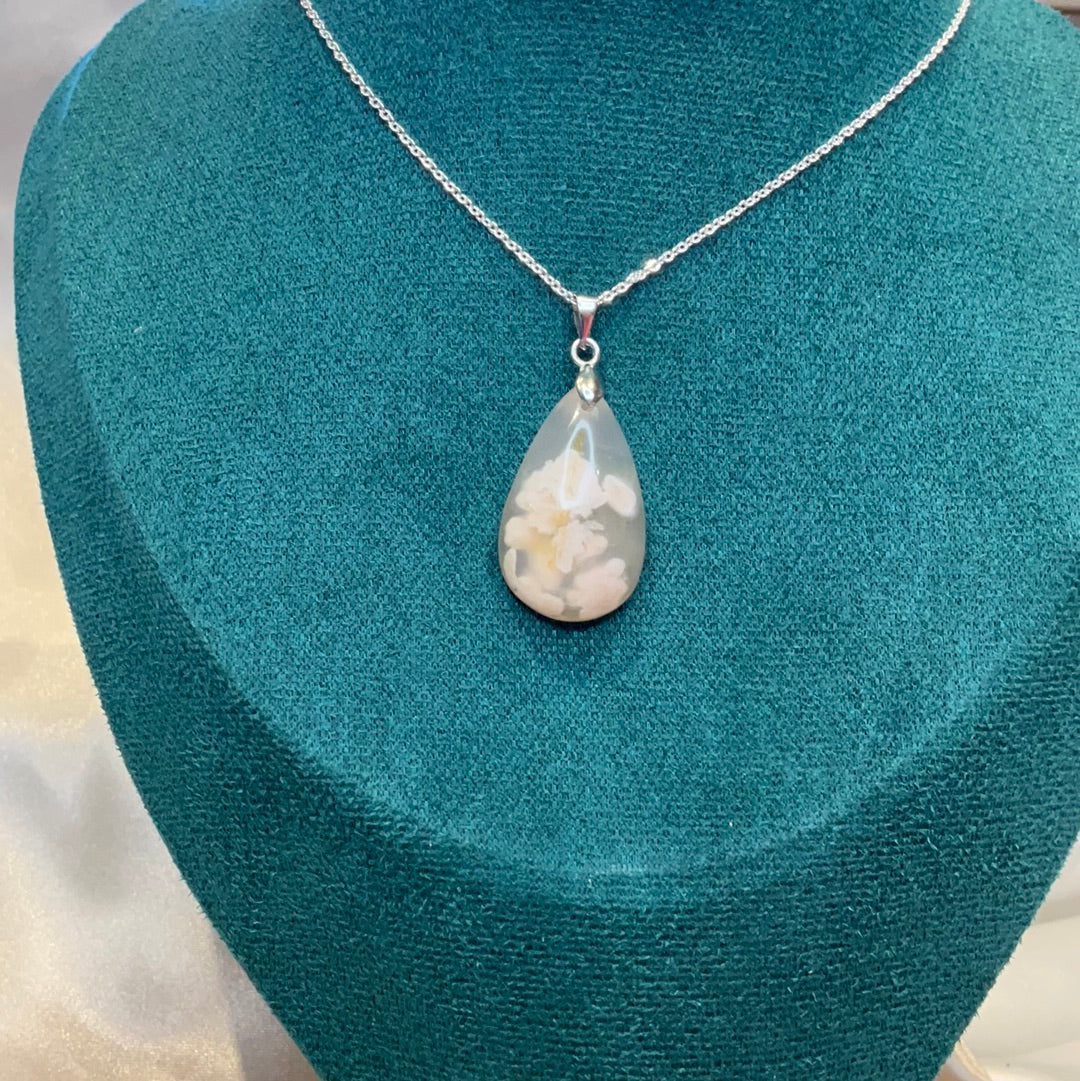 Flower Agate teardrop Pendant on silver plated chain