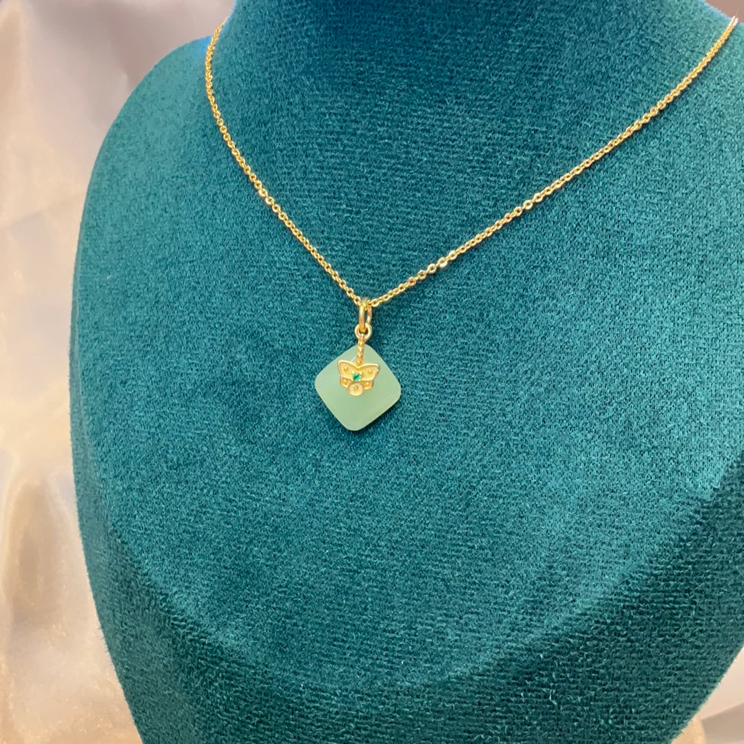 Jade triangle small pendant on gold plated chain