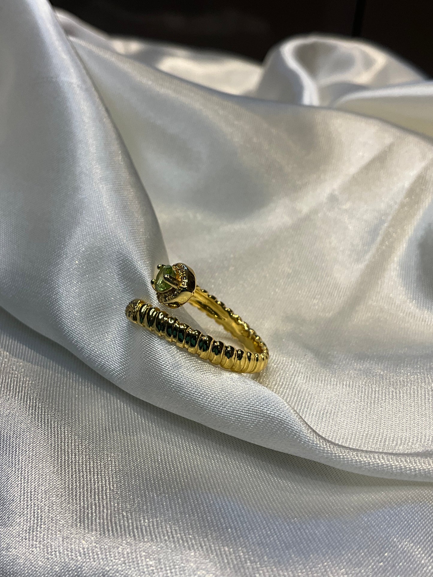 Peridot snake style gold plated open ring adjustable