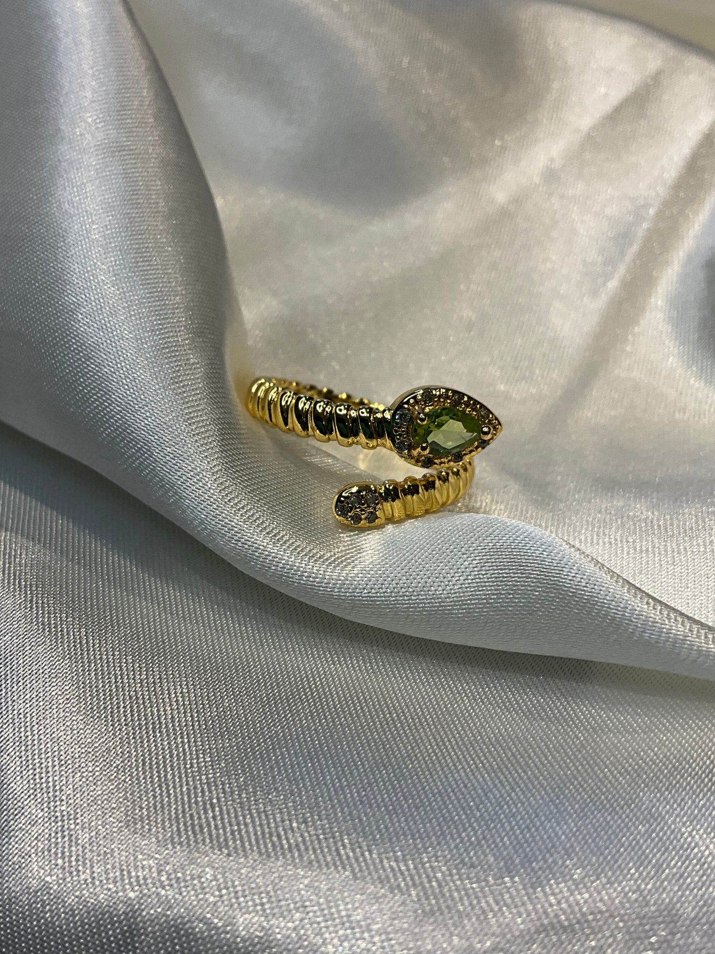 Peridot snake style gold plated open ring adjustable