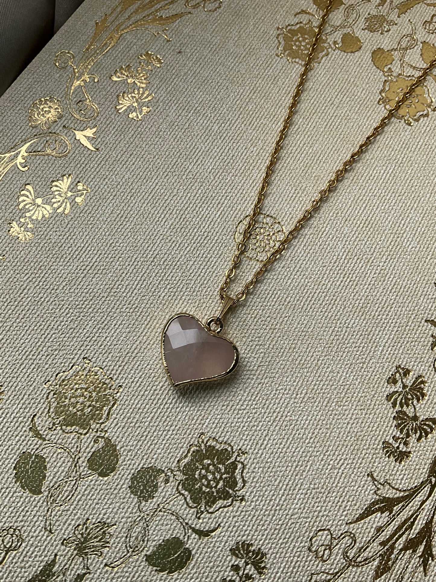 Rose Quartz Heart on Gold Stainless Steel Chain