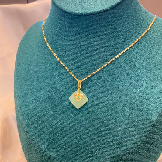 Jade triangle small pendant on gold plated chain