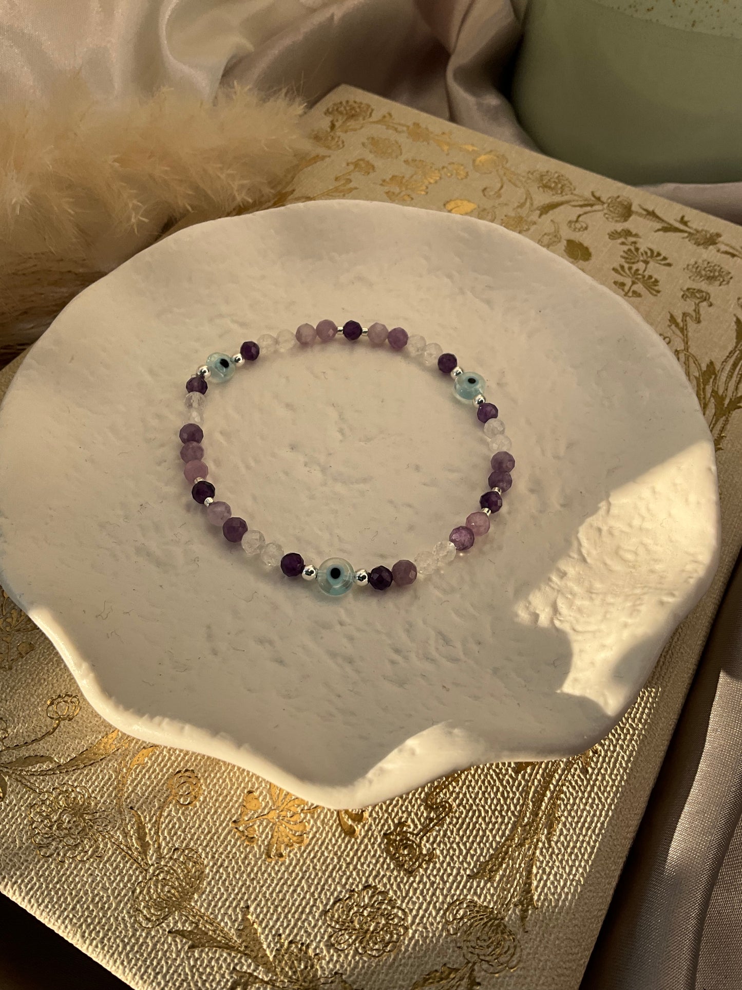 Amethyst, Lepidolite and Clear Quartz Faceted Crystal stretch bracelet with 925 Sterling Silver beads and Evil Eye beads