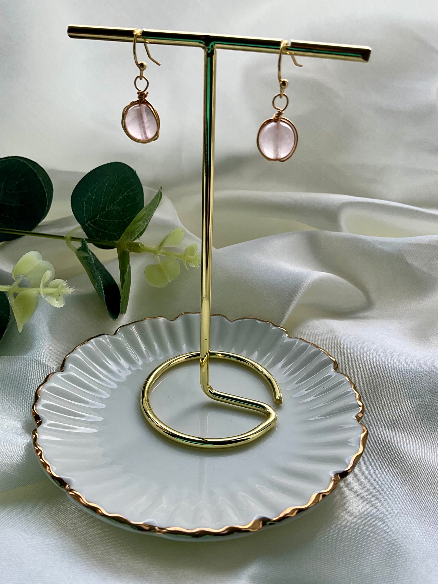 Rose Quartz sphere earrings wrapped in gold plating. Earring hooks are 925 sterling silver plated.