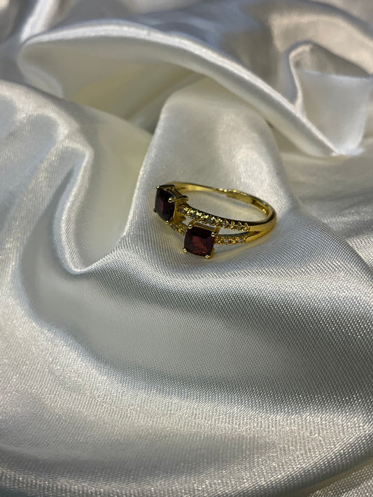 Garnet double crystal adjustable gold plated ring