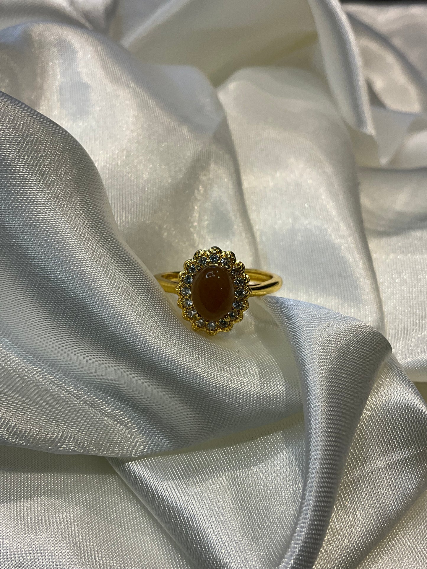 Medium brown agate flower style adjustable gold plated ring