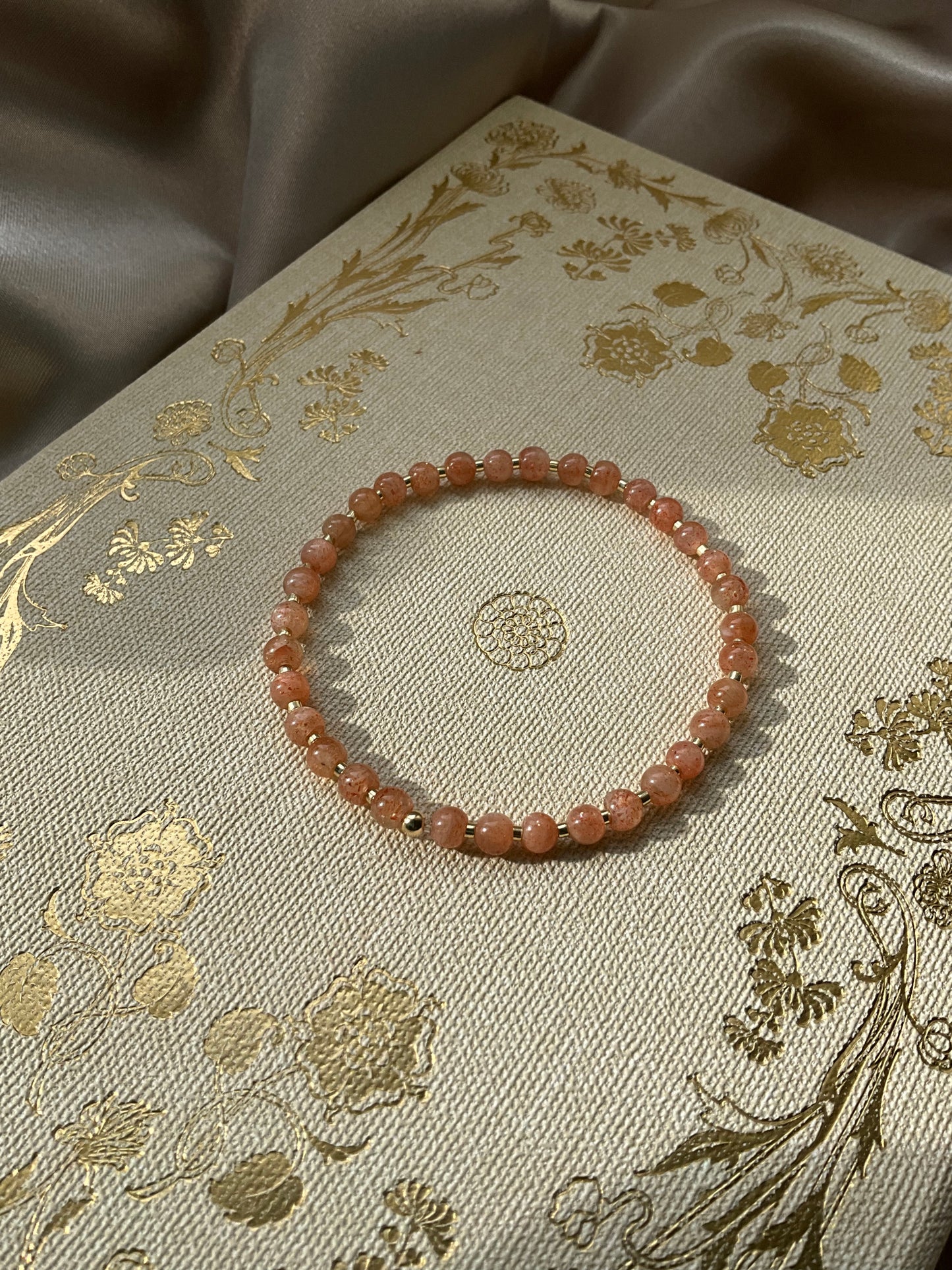 Sunstone Beaded Stretch Bracelet with Gold Filled Beads and Gold Seed Beads