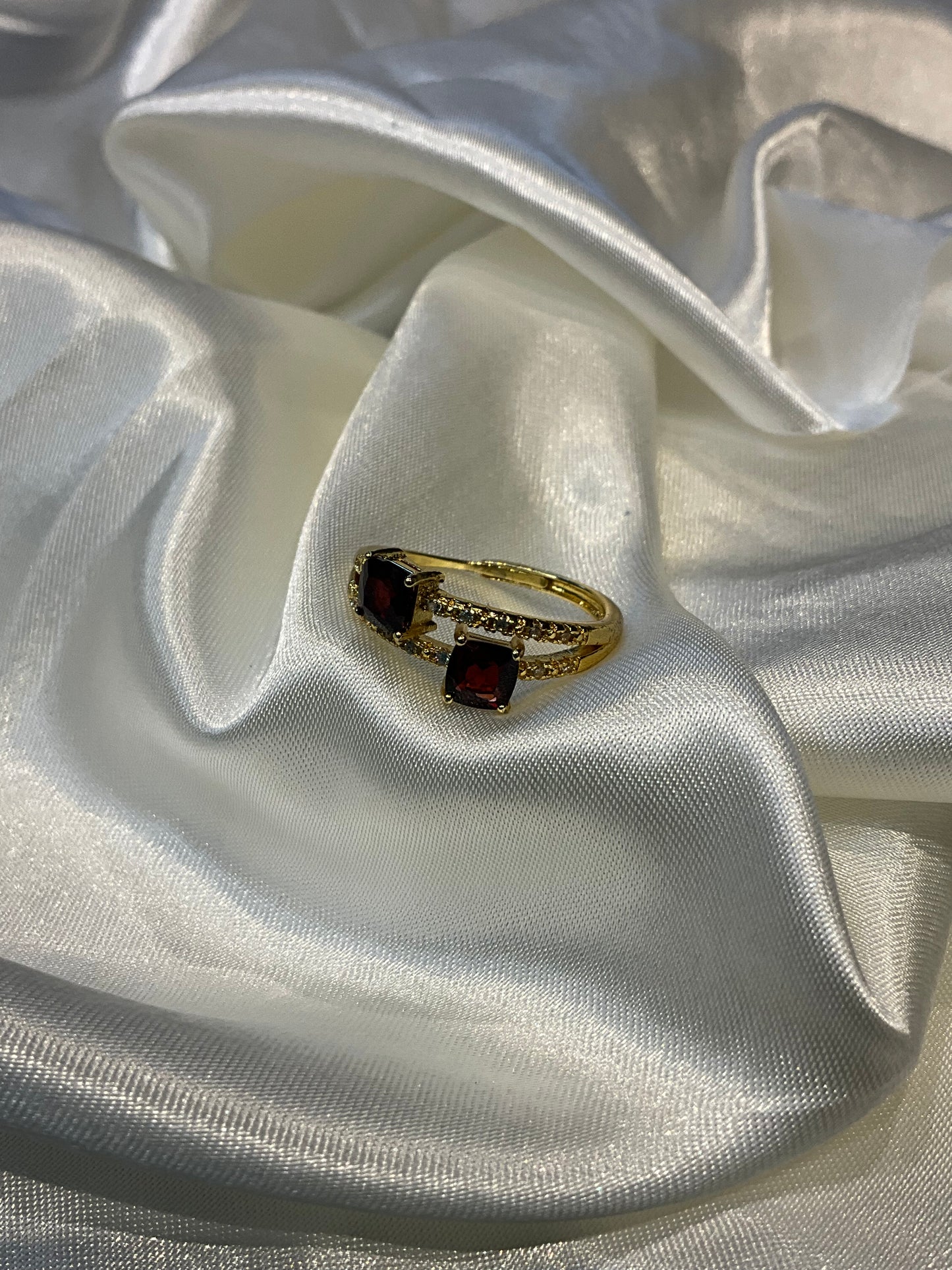 Garnet double crystal adjustable gold plated ring