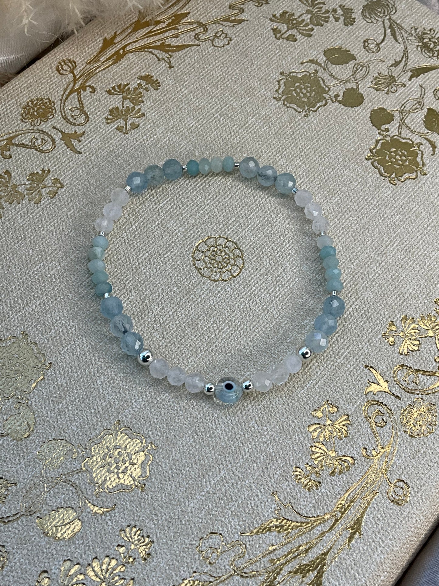 Aqua Marine and Clear Quartz stretch Bracelet with s925 Sterling Silver beads