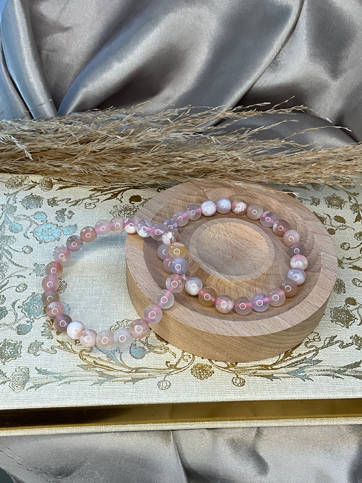 Pink Flower Agate Crystal Bracelet