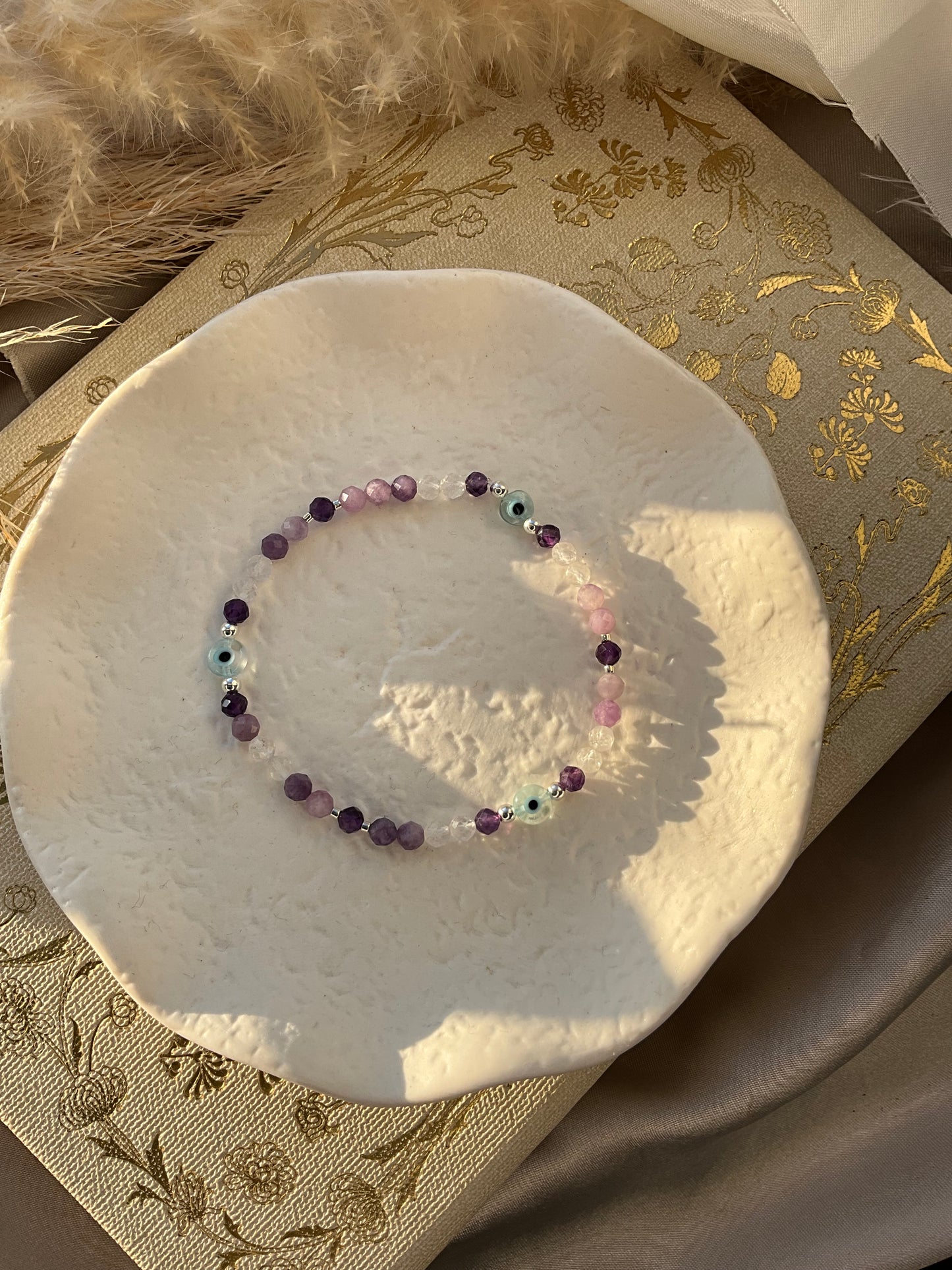 Amethyst, Lepidolite and Clear Quartz Faceted Crystal stretch bracelet with 925 Sterling Silver beads and Evil Eye beads