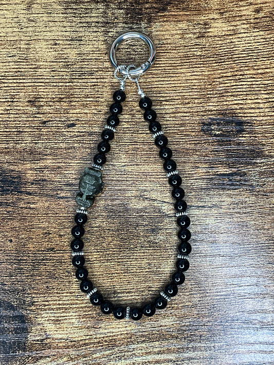 Crystal phone charm - Black Obsidian Crystal beads with Gold Sheen obsidian Buddha charm and silver coloured hardware.