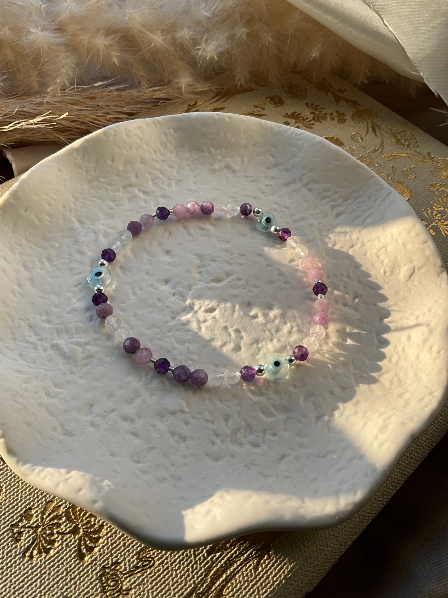 Amethyst, Lepidolite and Clear Quartz Faceted Crystal stretch bracelet with 925 Sterling Silver beads and Evil Eye beads